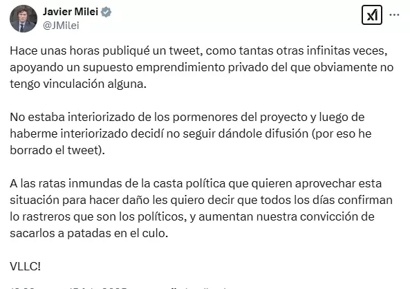 Milei sali a "aclarar" lo sucedido con su criptomoneda.