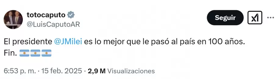 El tuit de Luis "Toto" Caputo para defender? a Javier Milei tras la estafa cripto que impuls en redes sociales.