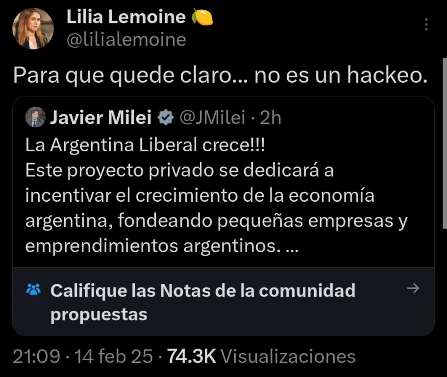 Lilia Lemoine fue una de las que sali a desmentir el presunto hackeo tras la estafa cripto que impuls Javier Milei.