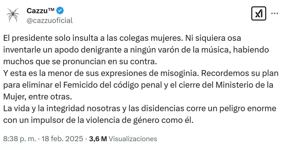 El dursimo posteo de Cazzu contra los embates contra artistas mujeres de Javier Milei.