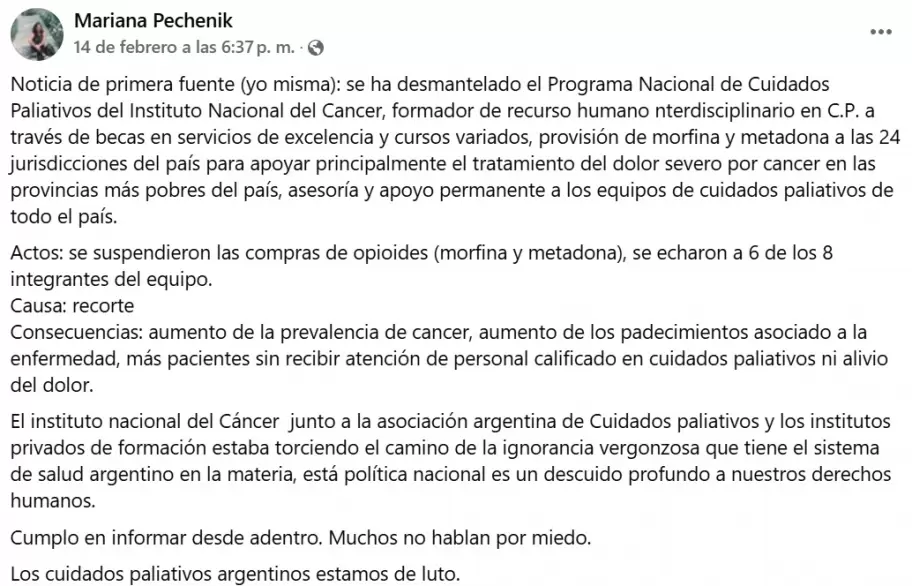 La publicacin de la especialista en cuidados paliativos Mariana Pechenik, denunciando el desmantelamiento del rea.