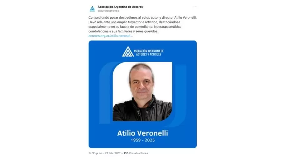 Desde la Asociacin Argentina de Actores confirman el fallecimiento de Atilio Veronelli