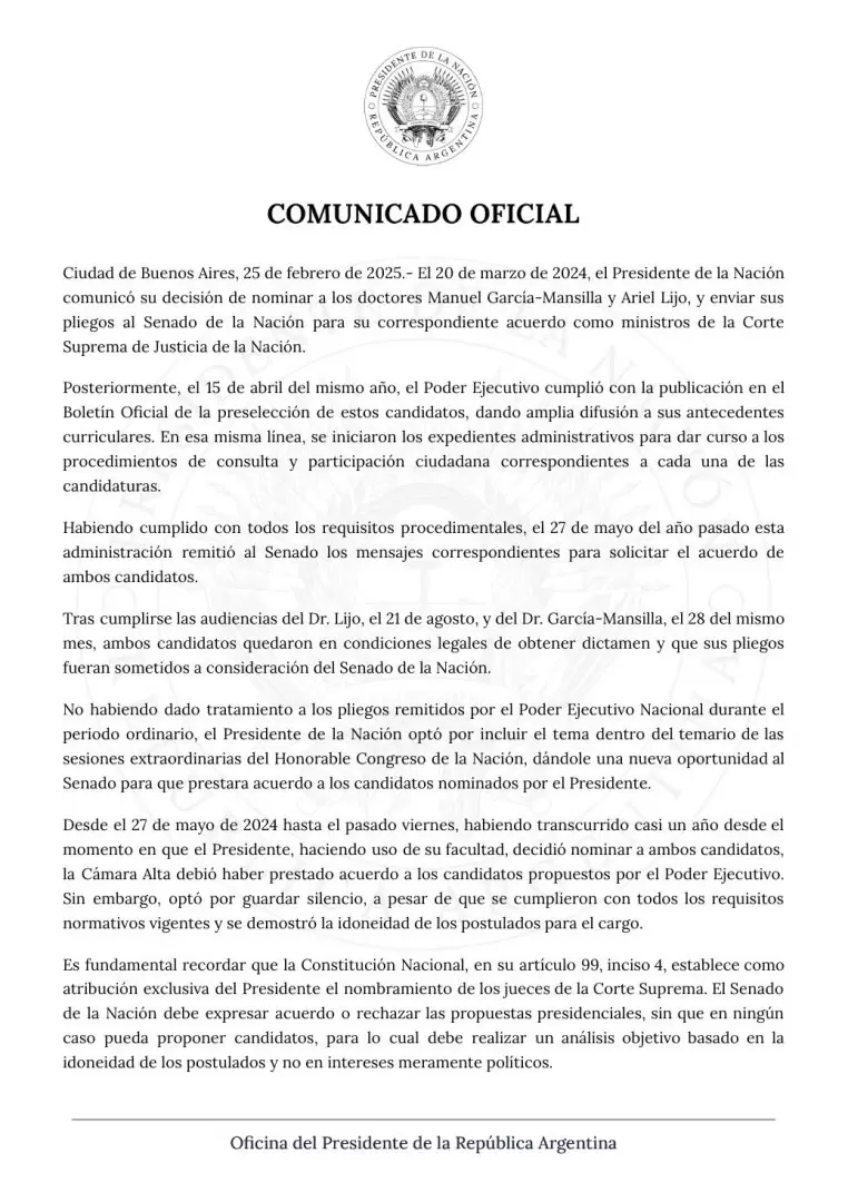 El comunicado de la Oficina del Presidente