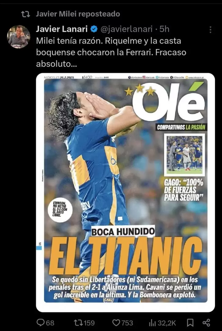 El retuit de Milei contra Riquelme