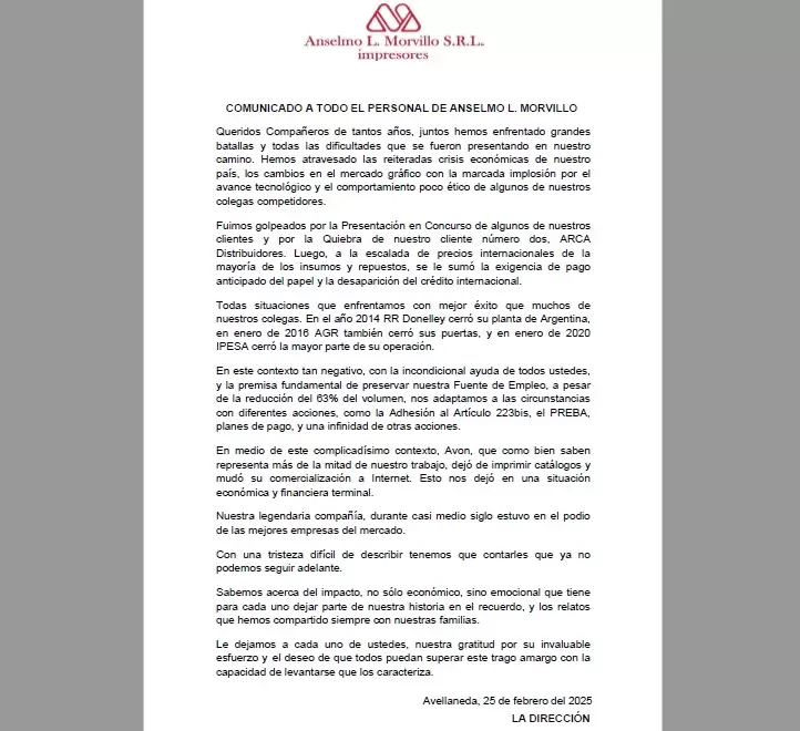 Comunicado de la patronal de Morvillo