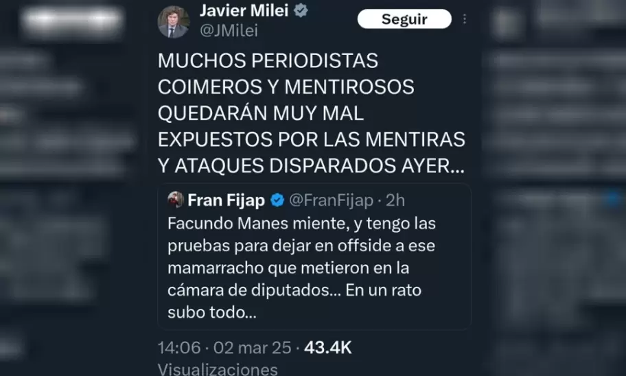 El tweet de Javier Milei respaldando a Caputo y al troll Fran Fijap