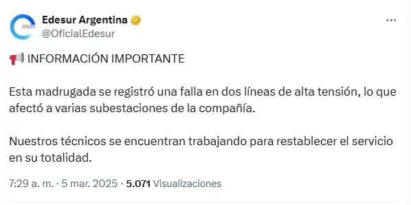 "Una falla en dos lneas de alta tensin, lo que afect a varias subestaciones", dijo Edesur.