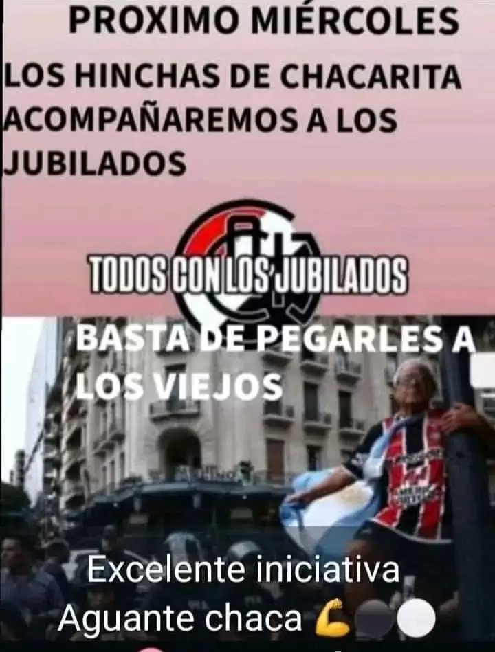 El flyer a travs del cual hinchas de Chacarita Juniors se autoconvocaron para apoyar a las y los jubilados y enfrentar la represin de Bullrich.