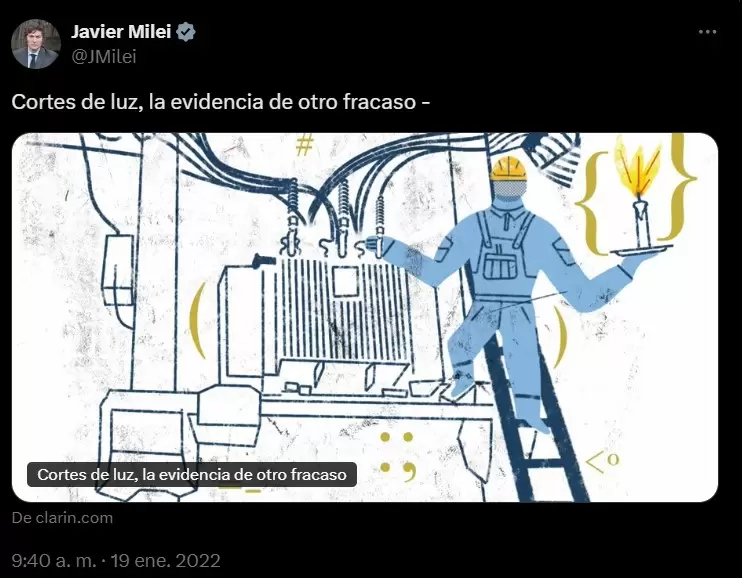 Javier Milei y el boomerang de un retuit de 2022 en el que cuestionaba al gobierno anterior por los cortes de luz.