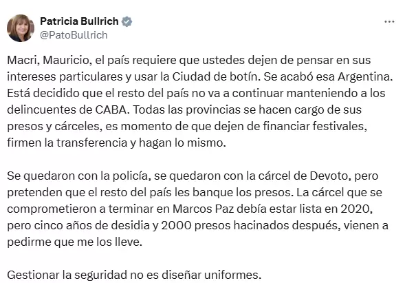 El posteo de Patricia Bullrich contra los Macri