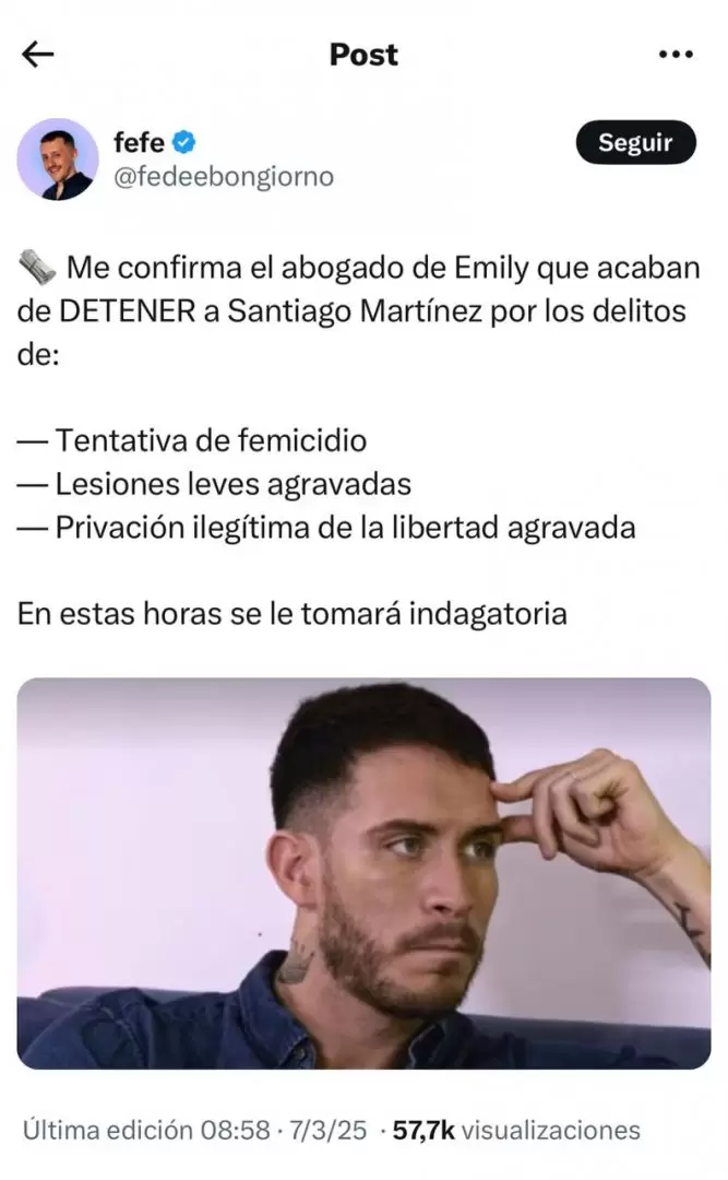 Se confirm la detencin de Santiago Martnez, denunciado por violencia de genero por su ex pareja, Emily Ceco