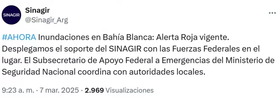 El tuit del Sistema Nacional para la Gestin Integral del Riesgo (SINAGIR) para comunicar la ayuda en Baha Blanca.