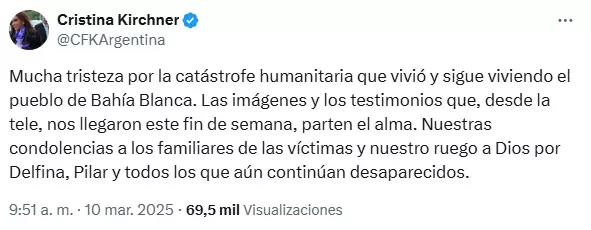 El posteo de Cristina Fernndez de Kirchner sobre la tragedia en Baha Blanca