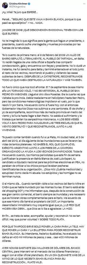 El extenso posteo de Cristina contra Milei