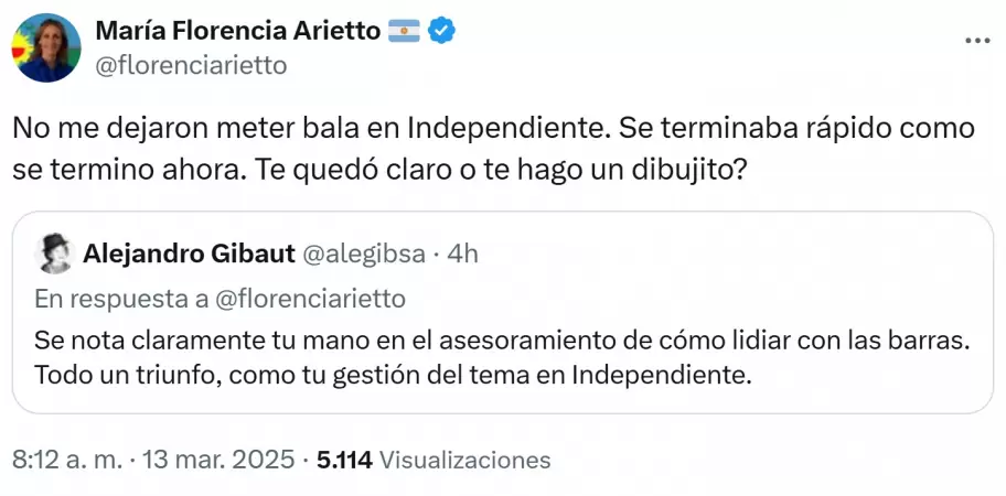 Florencia Arietto asegur que hubiera metido bala en Independiente.