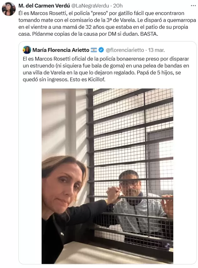 La respuesta de Mara del Carmen Verd a Florencia Arietto, luego de que la legisladora defendiera a un polica de la Bonaerense gatillo fcil.