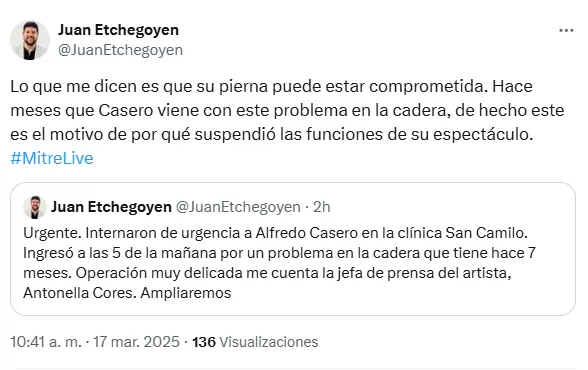 Su representante cont que el actor se sometera a una operacin "muy delicada"