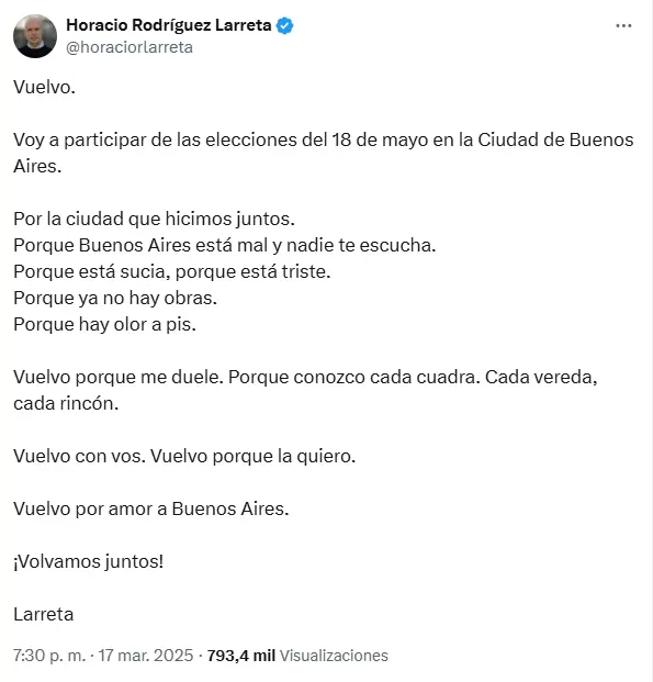 El posteo de Horacio Rodrguez Larreta