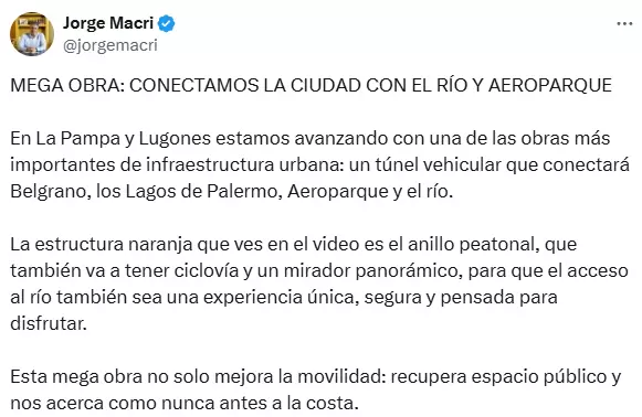 El Jefe de Gobierno porteo, Jorge Macri, anunci que la Ciudad construir "una gran obra que unir la Ciudad con el Ro