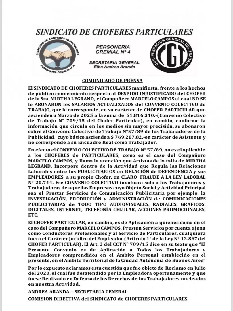 El comunicado del Sindicato de Choferes Particulares sobre el despido de Marcelo Campos, histrico chofer de Mirtha Legrand.