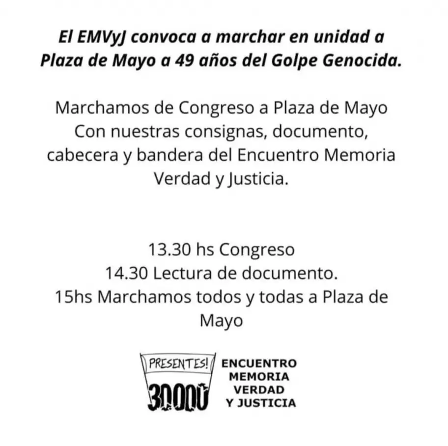 La convocatoria del Encuentro Memoria, Verdad y Justicia a la marcha del 24 de Marzo.