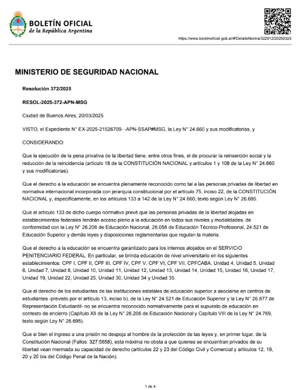 Bullrich prohibi el funcionamiento de centros de estudiantes en el Servicio Penitenciario Federal