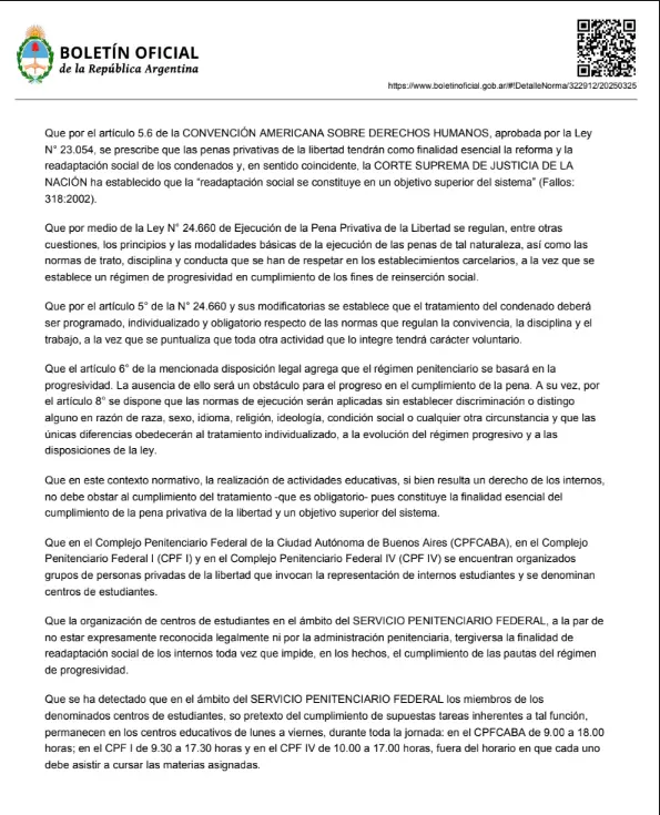 Bullrich prohibi el funcionamiento de centros de estudiantes en el Servicio Penitenciario Federal