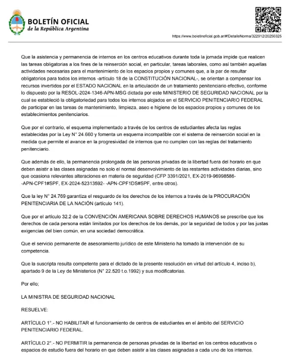 Bullrich prohibi el funcionamiento de centros de estudiantes en el Servicio Penitenciario Federal