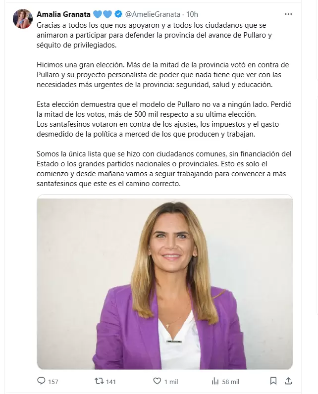 Amalia Granata festej su desempeo en las elecciones de Santa Fe en 2025