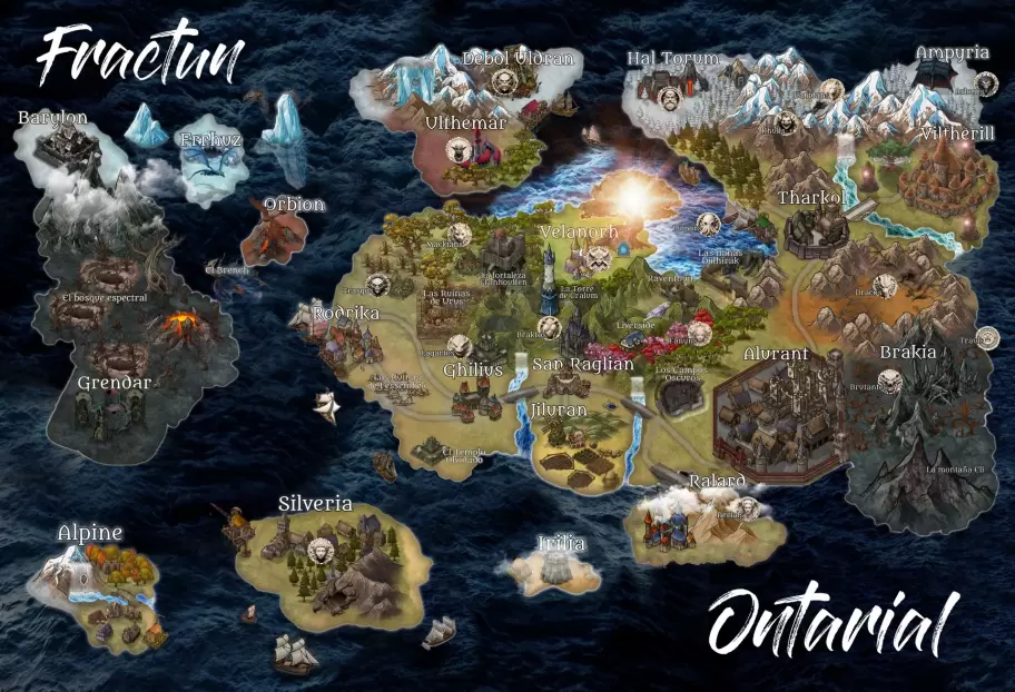 El mapa de Ontarial, el mundo de Las Crónicas de Reaper, que viene con Clan, el nuevo juego de rol de Mito Editorial.