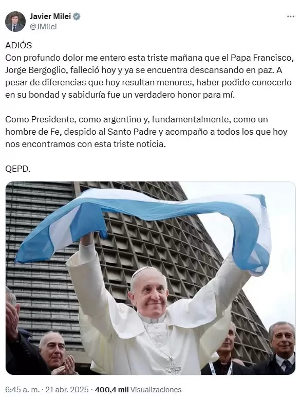 Milei lamentó el fallecimiento del papa Francisco