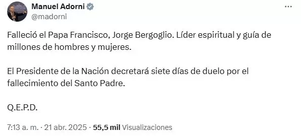 El mensaje de Adorni tras la muerte del Papa Francisco