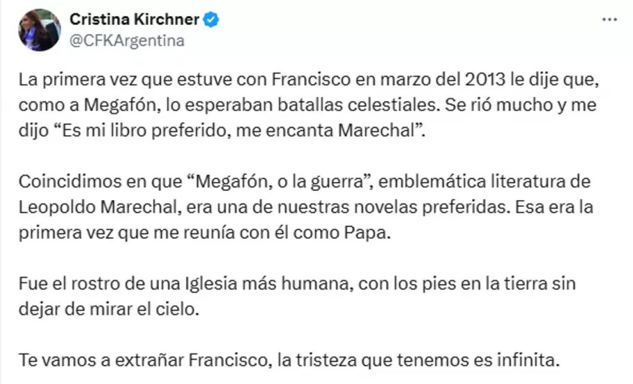 El tuit con el que Cristina Fernández de Kirchner despidió al Papa Francisco.