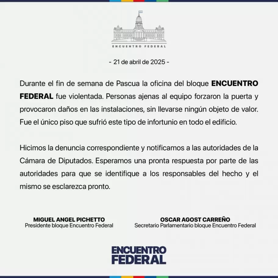 Comunicado desde el bloque Encuentro Federal