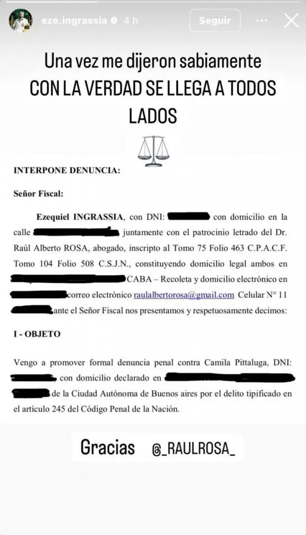 La respuesta de Ezequiel Ingrassia a la denuncia de Camila Pittaluga