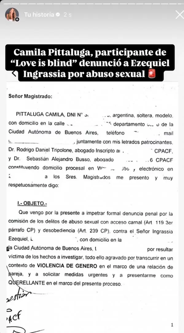 Camila Pittaluga, ex participante del reality show, denunció por violencia de genero a Ezequiel Ingrassia