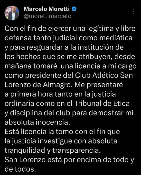 El anuncio de Moretti en sus redes sociales