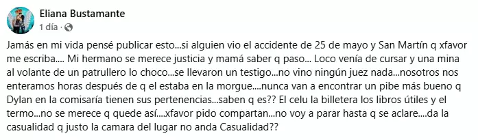 El brutal posteo de Eliana, la hermana de la víctima