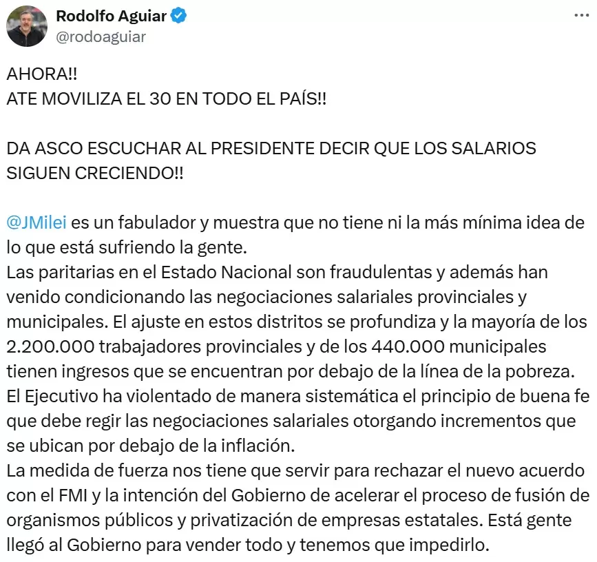 El tuit del secretario general de ATE, Rodolfo Aguiar, en el cual trata de "fabulador" a Javier Milei por decir que los salarios crecieron.