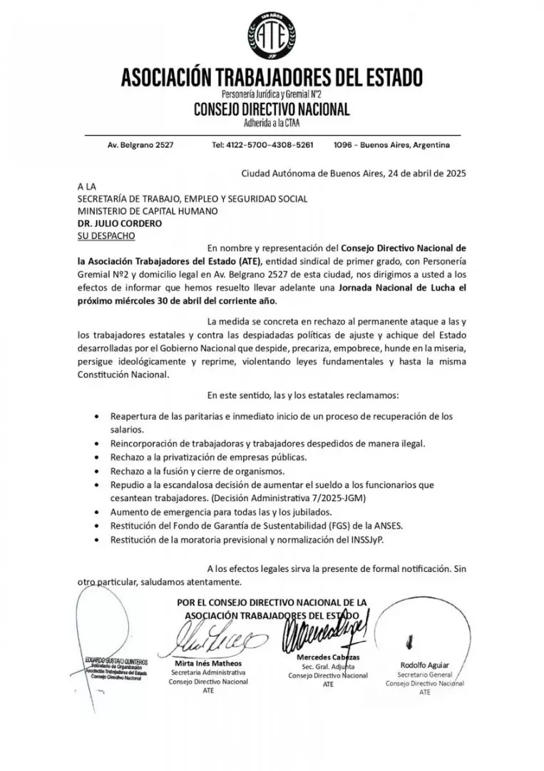 El documento enviado por la conducción de ATE a la Secretaria del Trabajo, Empleo y Seguridad Social.