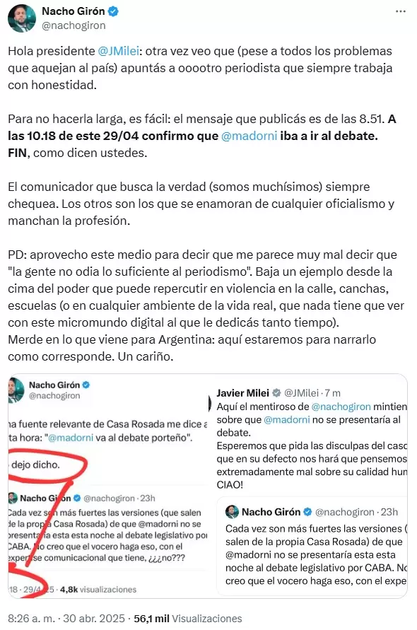 La respuesta de Nacho Girn a Javier Milei, luego de que el presidente lo acusara de mentiroso por haber dicho que Adorni evaluaba no ir al debate.