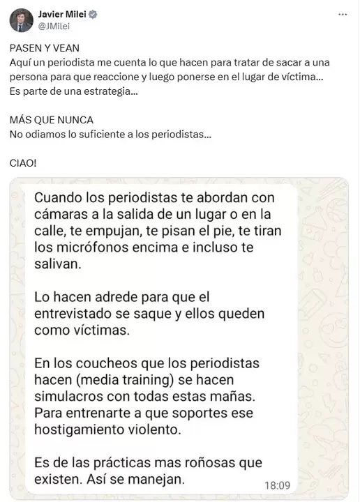 Javier Milei asegura que los periodistas entrenan para sacar de quicio a sus entrevistados