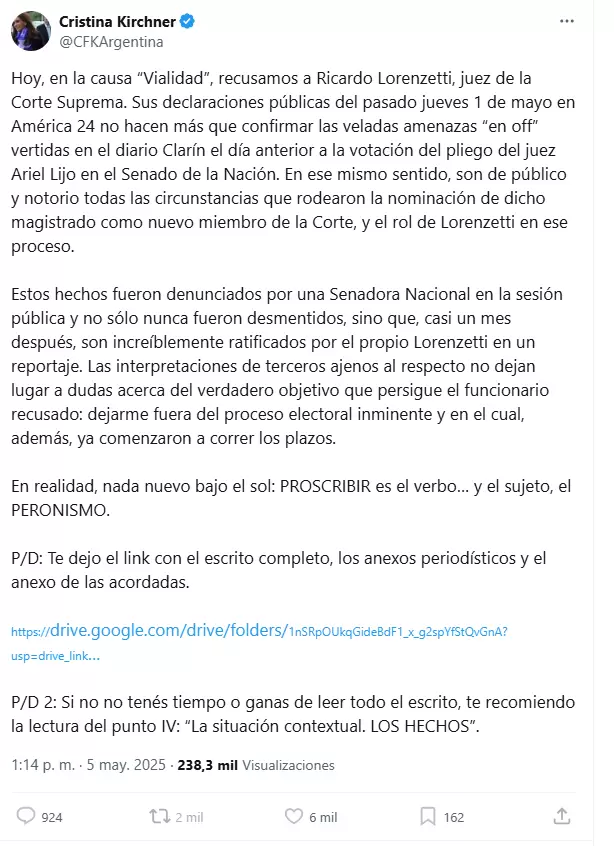 El mensaje completo de CFK en sus redes sociales