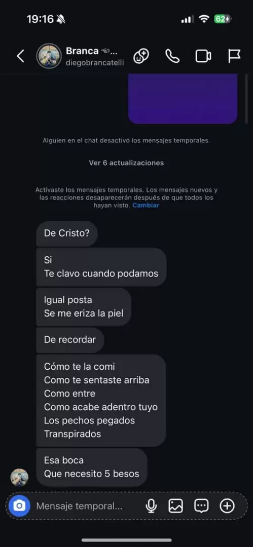 Los supuestos chats de Diego Brancatelli y Luciana Elbusto.