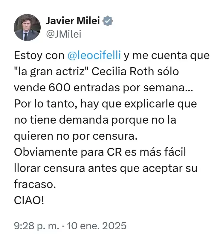 La falsa estadística de venta de entradas que aseguró Milei en su cruzada contra las críticas de Cecilia Roth.