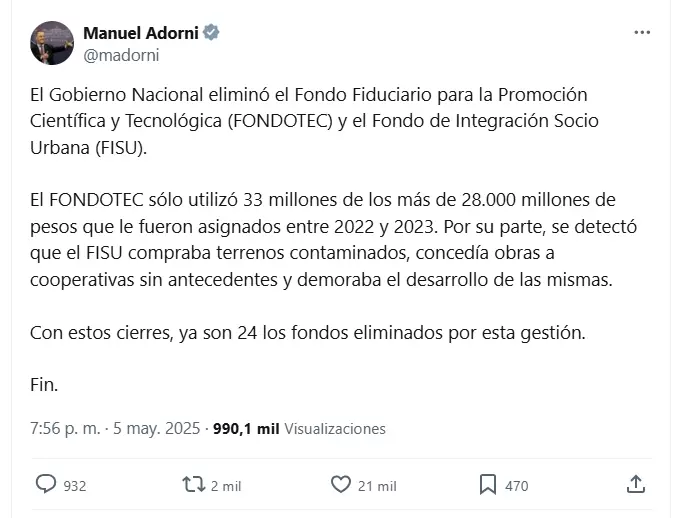 El posteo completo de Adorni