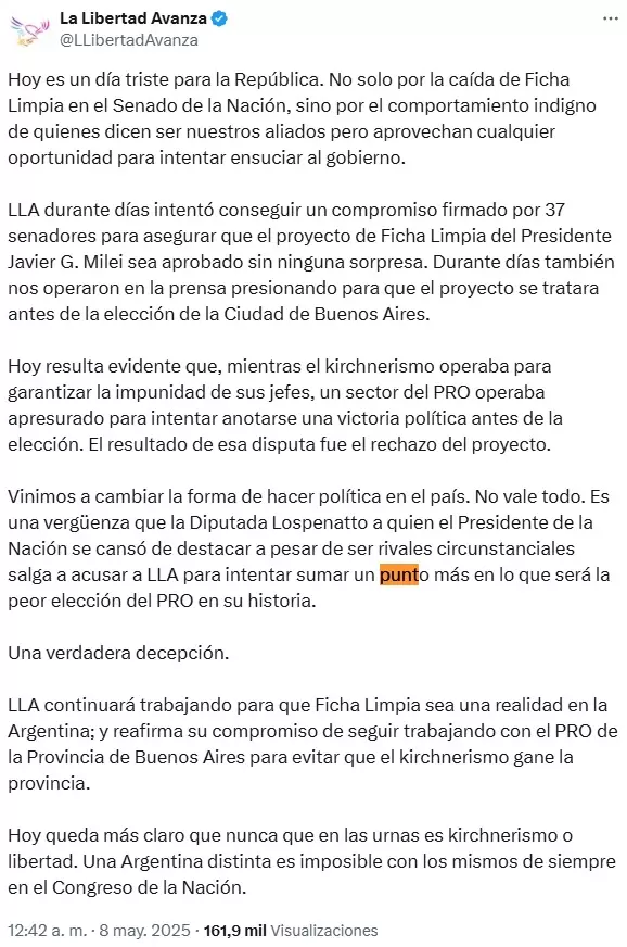 El comunicado de La Libertad Avanza tras las acusaciones de "pacto de impunidad" con el kirchnerismo que hizo Silvia Lospennato.