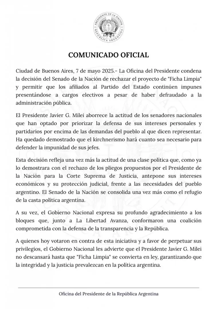El comunicado de la Oficina del Presidente
