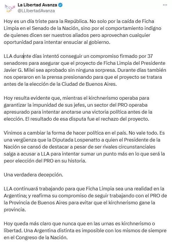 El repudio de La Libertad Avanza