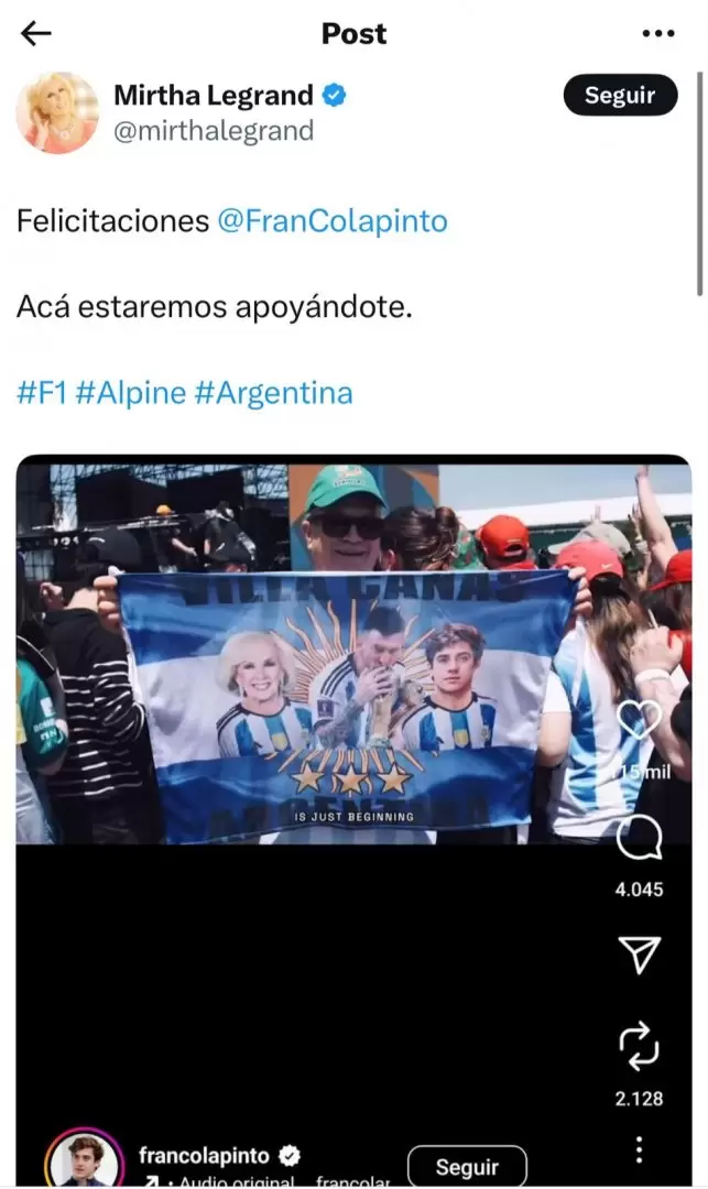 Mirtha Legrand apoya Franco Colapinto en su regreso a la Fórmula 1